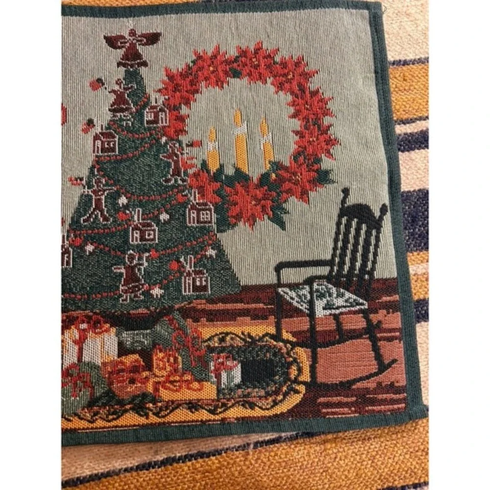 Vintage Style Christmas Tapestry Placemats Set of 2 Holiday Fireplace Tree Green